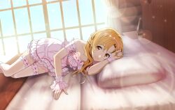 Rule 34 | 1girl, alternate costume, asuna (sao), bare shoulders, bed sheet, bedroom, blonde hair, brown eyes, closed mouth, collarbone, dress, game cg, indoors, layered dress, lens flare, long hair, looking at viewer, lying, nightgown, off-shoulder dress, off shoulder, on side, pillow, pink dress, short dress, sleeping, smile, solo, sunlight, sword art online, thighhighs, white thighhighs, wrist cuffs, zettai ryouiki