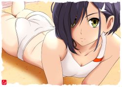Rule 34 | 10s, 1girl, ass, beach, bikini, blue hair, chris re5, collarbone, darling in the franxx, expressionless, feet up, green eyes, hair ornament, hair over one eye, hairclip, ichigo (darling in the franxx), looking at viewer, lying, on stomach, outdoors, sand, short hair, solo, swimsuit, thighs, white bikini