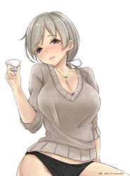 Rule 34 | 1girl, absurdres, black panties, blush, breasts, chitose (kancolle), cleavage, cup, dated, grey eyes, grey hair, hair ribbon, highres, jewelry, kantai collection, large breasts, looking at viewer, low ponytail, necklace, panties, ribbon, sakazuki, signature, smile, sweater, timato, underwear, white background