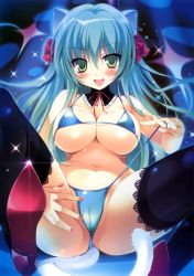 Rule 34 | 1girl, absurdres, animal ears, bare shoulders, bikini, black thighhighs, blue bikini, blue hair, blush, breasts, cameltoe, cat ears, cat tail, cleavage, detached collar, earrings, fang, flower, glint, green eyes, hair flower, hair ornament, high heels, highres, jewelry, karory, lace, lace-trimmed legwear, lace trim, large breasts, nail polish, navel, red flower, red footwear, red rose, rose, scan, shiny skin, shoes, sitting, smile, solo, sparkle, spread legs, strap gap, string bikini, swimsuit, tail, thighhighs, untied
