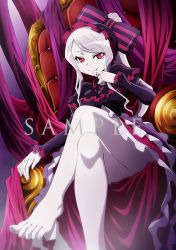 Rule 34 | 1girl, artist request, barefoot, bow, fang, feet, hair bow, crossed legs, light purple hair, long hair, looking at viewer, overlord (maruyama), ponytail, red eyes, shalltear bloodfallen, sitting, smile, throne, toes, vampire