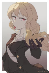 Rule 34 | 1girl, artist name, bird, black gloves, black jacket, black pants, black vest, blonde hair, border, closed mouth, collared shirt, commentary, cowboy shot, dated, formal, gloves, gradient background, grey background, hand up, highres, holding, holding statuette, jacket, light particles, light smile, long hair, long sleeves, looking at viewer, looking to the side, low ponytail, mouth hold, necktie, official alternate costume, official alternate hairstyle, open clothes, open jacket, outside border, pant suit, pants, parted lips, petal in mouth, petals, pink eyes, ponytail, s38230341, saijou claudine, shirt, shoujo kageki revue starlight, sideways glance, solo, standing, statuette, suit, vest, wavy hair, white border, white necktie