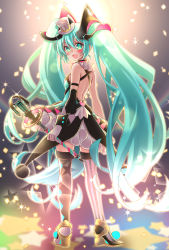 Rule 34 | 1girl, :d, aqua eyes, aqua hair, asymmetrical legwear, backless outfit, detached sleeves, facial mark, floating hair, from behind, full body, gloves, hair between eyes, hair ornament, hat, hatsune miku, holding, holding microphone, idol, kawanobe, long hair, looking at viewer, looking back, magical mirai (vocaloid), magical mirai miku, magical mirai miku (2019), microphone, mini hat, miniskirt, open mouth, skirt, smile, solo, striped clothes, striped thighhighs, thighhighs, twintails, uneven legwear, vertical-striped clothes, vertical-striped thighhighs, very long hair, vocaloid, white gloves, white hat, white skirt, zettai ryouiki