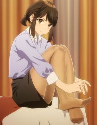 Rule 34 | 1girl, absurdres, blue shirt, brown eyes, brown hair, closed mouth, collared shirt, douki-chan (douki-chan), earrings, feet, ganbare douki-chan, highres, jewelry, pantyhose, shirt, shirt tucked in, short hair, sidelocks, skirt, stitched, third-party edit
