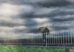 Rule 34 | 1girl, absurdres, artist name, blue skirt, cloud, commentary, dark clouds, english commentary, fence, grass, highres, holding, holding umbrella, instagram username, isbeyvan, original, outdoors, rain, scenery, skirt, solo, sweater, umbrella, watermark, wide shot, yellow sweater
