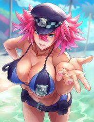 Rule 34 | 1girl, alternate costume, alternate hair length, alternate hairstyle, bad id, bad pixiv id, beach, belt, bikini, bikini top only, blue bikini, blue eyes, breasts, cleavage, day, final fight, hair between eyes, hand on own hip, hat, highres, large breasts, leaning forward, lips, micro shorts, midriff, navel, outstretched arms, peaked cap, pink hair, poison (final fight), police badge, pouch, short hair, short shorts, shorts, smile, solo, street fighter, street fighter v, swimsuit, takahito, wet