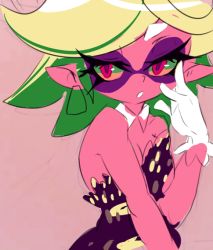 Rule 34 | 1girl, :o, bad id, bad tumblr id, blonde hair, breasts, cleavage, colored skin, detached collar, dress, earrings, gloves, inkling, jewelry, marie (splatoon), nintendo, open mouth, pink background, pink skin, pink theme, pointy ears, ramchild, red eyes, short hair, simple background, small breasts, solo, splatoon (series), splatoon 1, strapless, strapless dress, white gloves