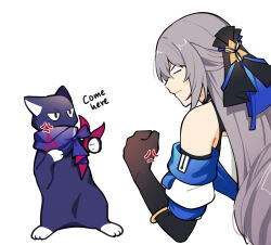 Rule 34 | 1girl, anger vein, animalization, bare shoulders, black gloves, blue scarf, bronya rand, cat, clenched hand, closed mouth, elbow gloves, english text, gloves, grey hair, hair ornament, highres, honkai: star rail, honkai (series), long hair, looking at another, natsuki (2917), scarf, seele (honkai: star rail), simple background, white background