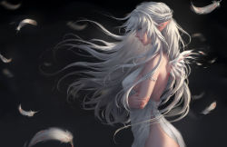 Rule 34 | 1girl, angel, angel wings, armlet, blood, blue eyes, braid, breasts, chuby mi, crossed arms, dress, feathers, floating hair, from side, highres, large breasts, long hair, looking afar, parted lips, pointy ears, solo, white dress, white hair, wind, wings