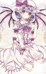 Rule 34 | 1girl, arm ribbon, ascot, bad id, bad pixiv id, bat wings, blue hair, bow, brooch, dress, ginzuki ringo, hat, hat bow, highres, jewelry, looking at viewer, mob cap, puffy sleeves, purple eyes, remilia scarlet, ribbon, short sleeves, silver hair, sitting, smile, solo, touhou, white dress, wings, wrist cuffs