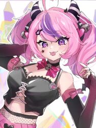 Rule 34 | 1girl, ahoge, bell, black choker, black gloves, black tube top, blush, bow, breasts, chimanakoneko, choker, cleavage, commentary, demon girl, demon horns, elbow gloves, facial tattoo, fingerless gloves, fishnet pantyhose, fishnets, gloves, hair ornament, hairpin, heart, heart ahoge, heart hair ornament, horns, ironmouse, ironmouse (pink rock), jingle bell, large breasts, long hair, looking at viewer, multicolored hair, pantyhose, pink bow, pink hair, pink shorts, purple hair, short shorts, shorts, skull ornament, star tattoo, strapless, streaked hair, symbol-only commentary, tattoo, tongue, tongue out, tube top, twintails, virtual youtuber, vshojo