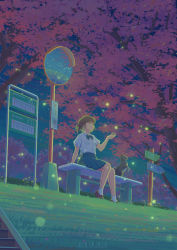Rule 34 | 1girl, absurdres, bench, bow, bowtie, brown footwear, brown hair, cat, cherry blossoms, direction board, from below, grass, green bow, green bowtie, green skirt, highres, loafers, night, night sky, original, outdoors, reflection, scenery, shirt, shoes, short hair, short sleeves, sitting, skirt, sky, socks, solo, stairs, traffic mirror, tree, white shirt, white socks, x.x.d.x.c