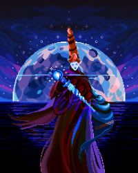Rule 34 | 1girl, blush stickers, elden ring, hat, highres, holding, holding wand, long sleeves, looking at viewer, moon, pixel art, pixelianska, red hat, red robe, rennala queen of the full moon, robe, solo, standing, wand, wizard hat