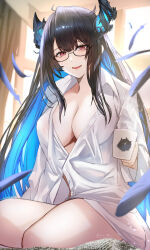 Rule 34 | 1girl, asymmetrical horns, bespectacled, black hair, breasts, colored inner hair, cup, falling feathers, feathers, glasses, highres, holding, holding cup, hololive, hololive english, horns, jailbird (nerissa ravencroft), kaji zarame, kneeling, large breasts, looking at viewer, mole, mole under eye, mug, multicolored hair, nerissa ravencroft, red eyes, shirt, smile, solo, two-tone hair, uneven horns, virtual youtuber, white shirt