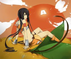 Rule 34 | 1girl, arancia, bad id, bad pixiv id, black hair, boots, bracelet, butt crack, food, francisco valle, fruit, jewelry, long hair, looking back, midriff, miniskirt, orange (fruit), orange eyes, orange skirt, original, skirt, solo, sunset, twintails