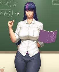 Rule 34 | 1girl, arm behind back, blue hair, book, breasts, chalk, chalkboard, clenched hand, collared shirt, cowboy shot, dress shirt, floating, highres, large breasts, levitation, light smile, long hair, looking at viewer, lvl (sentrythe2310), math, mature female, multicolored hair, my little pony, my little pony: friendship is magic, open book, pants, personification, purple eyes, purple hair, shirt, sleeves rolled up, solo, streaked hair, taut clothes, taut shirt, teacher, tsurime, twilight sparkle, white shirt