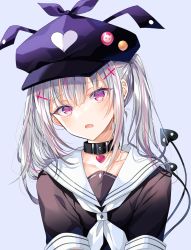 Rule 34 | 1girl, absurdres, asumi sena, badge, black collar, black hat, black shirt, blue background, button badge, cabbie hat, cattleya regina games, collar, collarbone, commentary request, demon tail, fang, hair between eyes, hair ornament, hat, heart, highres, long hair, looking at viewer, multicolored hair, myusha, neckerchief, open mouth, pink hair, red eyes, sailor collar, shirt, short sleeves, silver hair, simple background, solo, streaked hair, tail, tail raised, twintails, virtual youtuber, vspo!, white neckerchief, white sailor collar