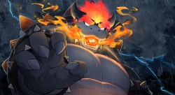 Rule 34 | armlet, bowser, bracelet, breath weapon, breathing fire, cloud, cloudy sky, electricity, fangs, fire, fury bowser, glowing, glowing eyes, highres, horns, jewelry, kou (ixkouu), lightning, looking at viewer, male focus, mario (series), night, nintendo, pectorals, rain, red hair, sky, solo, spiked armlet, spiked bracelet, spiked shell, spikes, storm, super mario 3d world