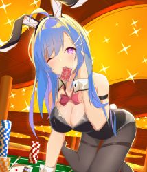 Rule 34 | 1girl, ahoge, animal ears, azur lane, bare shoulders, black leotard, blue hair, blush, bow, bowtie, breasts, card, card in mouth, casino, casino card table, cleavage, collarbone, commentary, detached collar, fake animal ears, gambling, hair between eyes, hair ornament, hairclip, helena (azur lane), highres, kneeling, large breasts, leotard, long hair, looking at viewer, mouth hold, pantyhose, playboy bunny, playing card, poker, poker chip, poker table, purple eyes, rabbit ears, rabbit tail, sidelocks, solo, strapless, strapless leotard, table, tail, thighband pantyhose, trading card, vayneeeee, very long hair, wrist cuffs