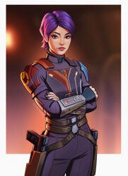 1girl absurdres armored_jumpsuit birdyraider brown_eyes crossed_arms gun highres holster jumpsuit looking_at_viewer mole mole_above_mouth purple_hair purple_jumpsuit purple_nails sabine_wren short_hair solo star_wars star_wars:_rebels thigh_holster weapon