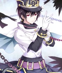Rule 34 | 10s, 1boy, 344 (prismlink), belt, black hair, chain, chiruhatote, cowboy shot, earrings, gloves, jewelry, looking at viewer, male focus, merc storia, red eyes, smile, solo, white gloves