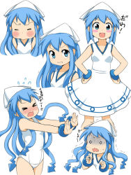 Rule 34 | &gt; &lt;, 1girl, :d, alternate hairstyle, blue eyes, blue hair, blush stickers, dress, closed eyes, hat, ikamusume, long hair, matching hair/eyes, o o, one-piece swimsuit, open mouth, pout, school swimsuit, shinryaku! ikamusume, short hair, smile, solo, swimsuit, ubizo, wavy mouth, white school swimsuit, white one-piece swimsuit