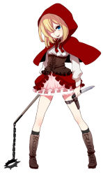 Rule 34 | 1girl, bdsm, blonde hair, blue eyes, boots, capelet, corset, flail, grimm&#039;s fairy tales, knife, little red riding hood, little red riding hood (grimm), medium hair, musco, original, reverse grip, skirt, solo, thigh strap, weapon