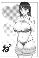 Rule 34 | 1girl, anegasaki nene, bad proportions, blush, bra, bra pull, breasts, clothes lift, clothes pull, curvy, embarrassed, greyscale, hero (do-belman), huge breasts, lingerie, long hair, love plus, monochrome, navel, nipples, panties, shirt lift, shorts, solo, underwear