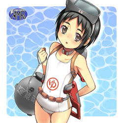 Rule 34 | 10s, 1girl, black hair, brown eyes, diving mask, diving mask on head, goggles, goggles on head, kantai collection, kurarin, maru-yu (kancolle), one-piece swimsuit, school swimsuit, short hair, swimsuit, white school swimsuit, white one-piece swimsuit