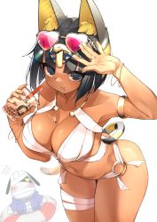 Rule 34 | 1girl, :t, absurdres, animal crossing, animal ears, ankha (animal crossing), bandages, black eyes, black hair, bob cut, breasts, bubble tea, cat ears, cat girl, cleavage, closed mouth, collarbone, cup, dark-skinned female, dark skin, eyewear on head, furry, furry female, hand up, heart, heart-shaped eyewear, highres, holding, holding cup, humanization, jewelry, jovejun, large breasts, navel, navel piercing, nintendo, personification, piercing, ring, short hair, simple background, solo, sunglasses, tan, white background