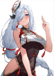 Rule 34 | 1girl, absurdres, bare shoulders, black bodysuit, blue eyes, blush, bodysuit, braid, breasts, covered navel, genshin impact, hair ornament, hair over one eye, highres, hip vent, large breasts, long hair, looking at viewer, low-braided long hair, low-tied long hair, nail polish, open mouth, shenhe (genshin impact), shrimp cake, simple background, sleeveless, solo, white background, white hair