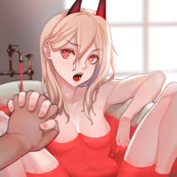 Rule 34 | 1girl, bathtub, blurry, breasts, brown hair, chainsaw man, cross-shaped pupils, crosshair pupils, demon horns, depth of field, hair between eyes, holding hands, horns, knees up, long hair, looking at viewer, medium breasts, nude, open mouth, partially submerged, pov, power (chainsaw man), red eyes, red horns, robot cat (robotcatart), sharp teeth, solo, symbol-shaped pupils, teeth