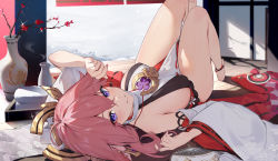 Rule 34 | 1girl, ahoge, anklet, blouse, blush, bottle, breasts, commentary request, flower, genshin impact, hair between eyes, hair ornament, hand fan, highres, houkisei, japanese clothes, jewelry, kimono, knees up, large breasts, long hair, looking at viewer, lying, miko, nail polish, on back, on floor, paid reward available, parted lips, pink hair, pink nails, plum blossoms, purple eyes, sake bottle, shirt, sideboob, snow, snowing, solo, steam, thighs, towel, vase, white kimono, white shirt, wide sleeves, yae miko