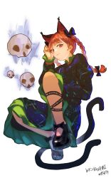 Rule 34 | 1girl, absurdres, animal ears, black dress, black footwear, braid, cat ears, closed mouth, dated, dress, extra ears, fingernails, full body, highres, hua ha jiazi, kaenbyou rin, long fingernails, long hair, long sleeves, nail polish, red eyes, red hair, red nails, sharp fingernails, shoes, signature, simple background, skull, smile, solo, touhou, twin braids, white background