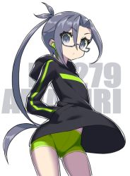 Rule 34 | 1girl, alternate costume, amagiri (kancolle), black eyes, black hair, character name, commentary request, cowboy shot, glasses, hands in pockets, hood, hooded sweater, in-ear earphones, itsumo nokoru, kantai collection, long hair, looking at viewer, ponytail, shorts, solo, sweater