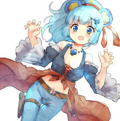 Rule 34 | 1girl, :d, ahoge, animal ears, bare shoulders, black sleeves, blue eyes, blue hair, blue pants, blush, breasts, claw pose, cleavage, clothes around waist, collarbone, crop top, denim, detached sleeves, dyed ahoge, hair ornament, hairclip, hands up, highres, jeans, juliet sleeves, long sleeves, looking at viewer, medium breasts, navel, nyama, open mouth, pants, ponytail, puffy sleeves, show by rock!!, simple background, smile, solo, spade hair ornament, thigh gap, tsukino (show by rock!!), v-shaped eyebrows, white background, wide sleeves