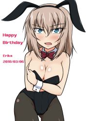 Rule 34 | 1girl, alternate costume, animal ears, black leotard, black pantyhose, blue eyes, blush, bow, bowtie, breasts, character name, cleavage, collar, commentary, covering privates, covering breasts, cowboy shot, dated, detached collar, english text, fake animal ears, frown, girls und panzer, happy birthday, itsumi erika, izumi (izumi p), large breasts, leotard, looking at viewer, medium hair, open mouth, pantyhose, playboy bunny, rabbit ears, red bow, red bowtie, silver hair, solo, standing, strapless, strapless leotard, sweatdrop, white collar, wing collar, wrist cuffs