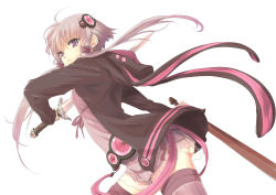 Rule 34 | 1girl, ass, cowboy shot, dress, from side, frown, hair ornament, highres, hood, hooded jacket, jacket, long hair, mugitarou, purple eyes, purple hair, purple thighhighs, ribbon, short hair with long locks, simple background, solo, sword, thighhighs, twintails, vocaloid, voiceroid, weapon, white background, yuzuki yukari