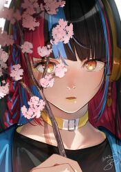 Rule 34 | 1girl, black hair, blonde hair, blue hair, blush, branch, cherry blossoms, choker, close-up, commentary, eyeliner, harusaruhi, highres, holding, holding branch, isshiki (ffmania7), kamitsubaki studio, lipstick, long hair, looking at viewer, makeup, multicolored hair, parted lips, red hair, signature, sketch, solo, symbol-only commentary, virtual youtuber, yellow eyes, yellow lips