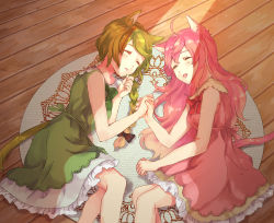 Rule 34 | ahoge, animal ears, bow, braid, cat ears, cat tail, clenched hand, dress, drooling, closed eyes, frills, from above, green dress, green hair, hair bow, holding hands, highres, hoonyan, kisaragi kozue, light, long hair, lying, nekoyashiki pushio, on side, open mouth, pink dress, pink hair, ribbon, rug, sieste cat, single braid, sleeping, tail, wooden floor