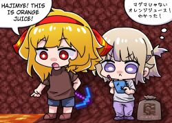 Rule 34 | 2girls, :&lt;, :o, blonde hair, blue shorts, brown footwear, brown hair, brown shirt, closed mouth, commentary, english commentary, english text, grey shirt, hairband, highres, holding, holding pencil, hololive, hololive dev is, hololive indonesia, imadoki, kaela kovalskia, lava, minecraft, minecraft pickaxe, mixed-language text, multilingual, multiple girls, one side up, open mouth, pants, pencil, pickaxe, pointing, purple eyes, purple footwear, purple pants, red eyes, red hairband, shirt, shoes, short sleeves, shorts, signature, todoroki hajime, translation request, v-shaped eyebrows, virtual youtuber