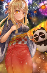 Rule 34 | 1girl, absurdres, adapted costume, blonde hair, blurry, blurry background, dark-skinned female, dark skin, depth of field, elf, fireworks, food stand, hand on own chest, highres, hololive, kintsuba (shiranui flare), long hair, looking at viewer, multicolored hair, nori chazuke, obi, orange eyes, pointy ears, purple eyes, sash, shiranui flare, shiranui flare (new year), shirt, solo, streaked hair, summer festival, v-shaped eyebrows, virtual youtuber, white shirt