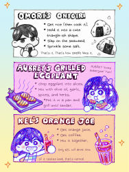 Rule 34 | + +, 1girl, 2boys, aubrey (headspace) (omori), aubrey (omori), black eyes, black hair, blue shirt, blush, bow, character name, chibi, colored skin, cup, drinking glass, drinking straw, eating, eggplant, english text, food, grin, hair bow, highres, holding, holding cup, holding food, holding plate, kel (headspace) (omori), kel (omori), long hair, looking at viewer, multiple boys, omocat, omori, omori (omori), onigiri, open mouth, parted lips, pink bow, plate, purple eyes, purple hair, shirt, short hair, short sleeves, smile, teeth, white skin