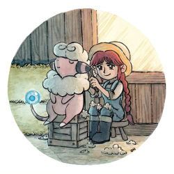 Rule 34 | 1girl, black eyes, black footwear, boots, breasts, closed eyes, closed mouth, comb, commentary, crate, creature, creatures (company), english commentary, flaaffy, game freak, gen 2 pokemon, glowing, happy, hat, hay, holding, holding comb, nintendo, oliver hamlin, overalls, parted bangs, pokemon, pokemon (creature), ponytail, red hair, round image, sitting, sitting on object, small breasts, smile