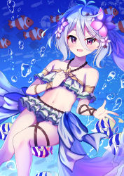 Rule 34 | 1girl, :d, air bubble, armlet, bikini, bracelet, bubble, clownfish, commentary request, detached sleeves, fish, flower, frilled bikini, frills, hair between eyes, hair flower, hair ornament, highres, jewelry, kokkoro (princess connect!), looking at viewer, navel, ocean, official alternate costume, open mouth, princess connect!, purple eyes, reaching, reaching towards viewer, short hair, short sleeves, sidelocks, smile, stomach, swimsuit, syurimp, thighlet, underwater, white hair