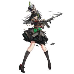Rule 34 | 1girl, assault rifle, black dress, black footwear, black hair, black socks, bow, bullet, closed mouth, colored shoe interior, dress, dress bow, floating hair, full body, funengliang jieheti, girls&#039; frontline, green bow, green hair, grey eyes, gun, hair between eyes, hat, hat feather, high heels, highres, holding, holding gun, holding magazine (weapon), holding weapon, kneehighs, legs apart, long hair, long sleeves, looking at viewer, m4 carbine, m4a1 (girls&#039; frontline), m4a1 (sunshine through the pines) (girls&#039; frontline), magazine (weapon), marching band, multicolored hair, official alternate costume, official art, rifle, shako cap, shoe dangle, simple background, smile, smoke, smoking gun, socks, solo, standing, straight-on, streaked hair, suppressor, torn bow, torn clothes, torn dress, transparent background, trigger discipline, weapon