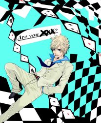 Rule 34 | 1boy, alice? (are you alice?), are you alice?, artist request, blonde hair, blue eyes, card, copyright name, formal, hands in pockets, looking at viewer, male focus, necktie, open mouth, pants, short hair, solo, text focus, white pants