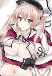 Rule 34 | 10s, 1girl, bed sheet, black gloves, black ribbon, blonde hair, blue eyes, blush, breasts, brown hair, buttons, chiune (yachi), cleavage, clothes lift, covered erect nipples, cross, frown, gloves, graf zeppelin (kancolle), hat, iron cross, kantai collection, large breasts, long hair, long sleeves, looking at viewer, lying, navel, necktie, on back, open clothes, open mouth, parted lips, peaked cap, ribbon, shirt, shirt lift, sidelocks, solo, stomach, twintails, underboob, unworn necktie, upper body, white hat, white shirt