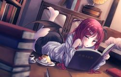 Rule 34 | 1girl, :o, ass, bad id, bad pixiv id, barefoot, bat wings, bed, black skirt, blurry, blush, book, book stack, coffee, coffee cup, cream, cup, depth of field, disposable cup, dutch angle, food, hair ornament, hairpin, head rest, head wings, heart, heart hair ornament, indoors, koakuma, leg up, long hair, long sleeves, looking at viewer, low wings, lying, maru daizu (aqua6233), miniskirt, on floor, on stomach, open book, phonograph, pudding, red eyes, red hair, shirt, skirt, solo, spoon, sugar cube, the pose, touhou, white shirt, wings