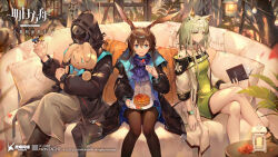 Rule 34 | 1other, 2girls, amiya (arknights), animal ear fluff, animal ears, arknights, artist request, ascot, bare legs, bare shoulders, black coat, black pantyhose, blue collar, blue eyes, book, cat ears, cat girl, chinese commentary, closed mouth, coat, collar, commentary request, copyright name, crossed legs, doctor (arknights), dress, finger puppet, food, fruit, green dress, green eyes, highres, holding, holding book, holding stuffed toy, hood, hood up, hooded coat, jewelry, kal&#039;tsit (arknights), long sleeves, material growth, multiple girls, multiple rings, official art, open mouth, oripathy lesion (arknights), pancake, pancake stack, pantyhose, puffy long sleeves, puffy sleeves, puppet, rabbit ears, rabbit girl, ring, short dress, strawberry, stuffed animal, stuffed rabbit, stuffed toy, white coat